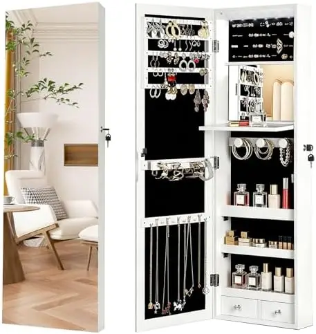 Full Length Mirror Jewelry Armoire - z pełnym lusterkiem, 6 automatycznymi diodami