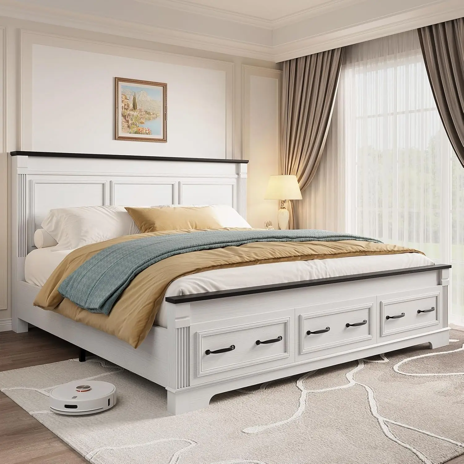 King Size Bed Frame With Storage Drawers - Rama łóżka w stylu rustykalnym, rozmiar