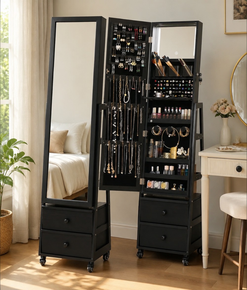 Full Length Mirror Jewelry Armoire - Zamykana na klucz stojąca szafa na