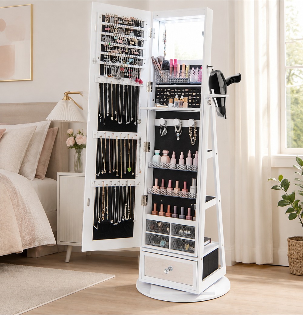 360 °   Obrotowa szafa na biżu – Full Length Mirror Jewelry Armoire recenzja i cena
