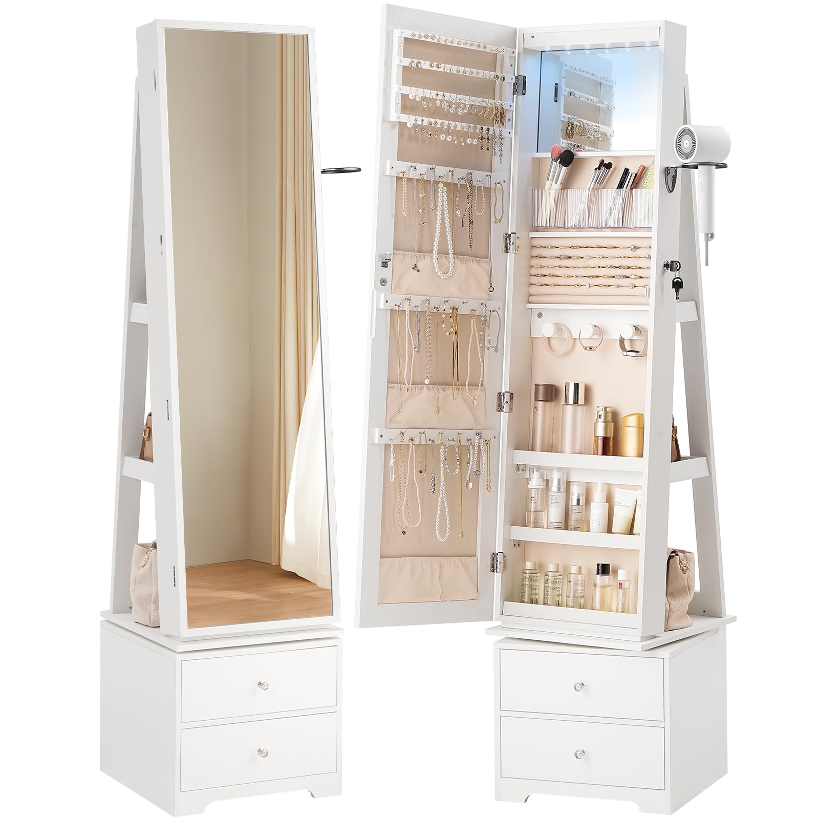 360 °   Obracana szafka na biż – Full Length Mirror Jewelry Armoire recenzja i cena