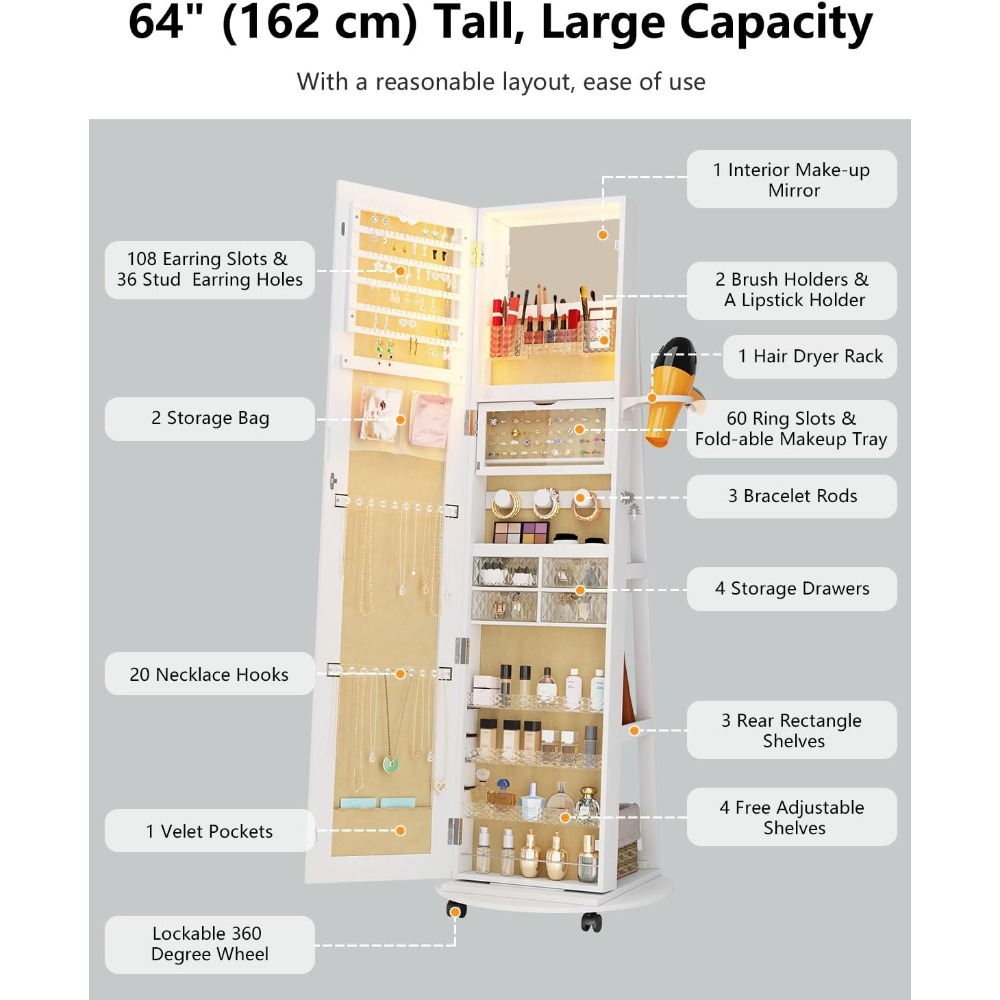 Duża szafka na biżuterię z lus – Full Length Mirror Jewelry Armoire recenzja i cena